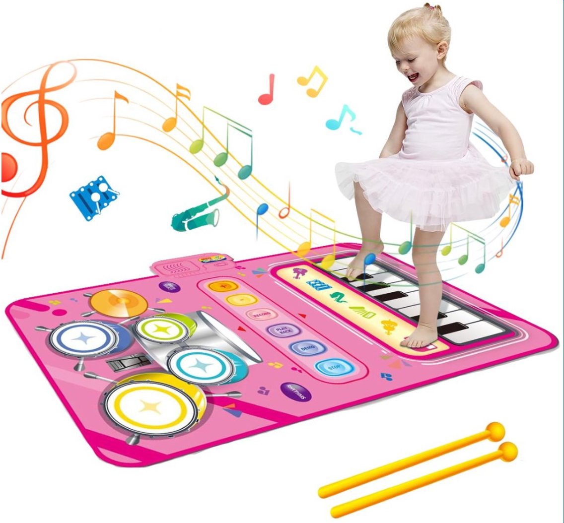 Barnas interaktive musikalske lekematte med fargerikt piano og trommer for kreativ lek og utvikling av musikkferdigheter.