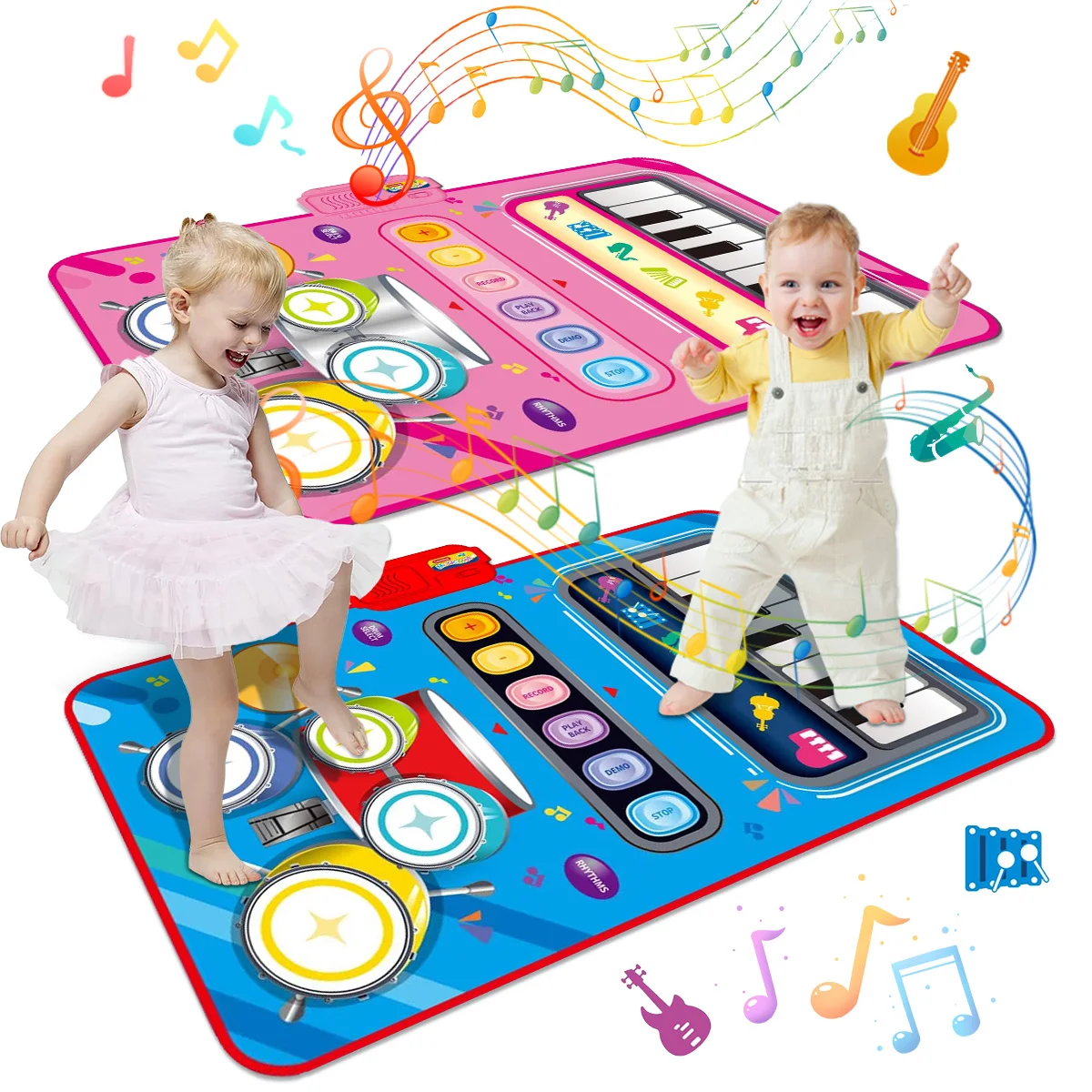 Interaktiv musikalsk lekematte med fot-piano og trommesett; stimulerer barns kreativitet og motorikk.