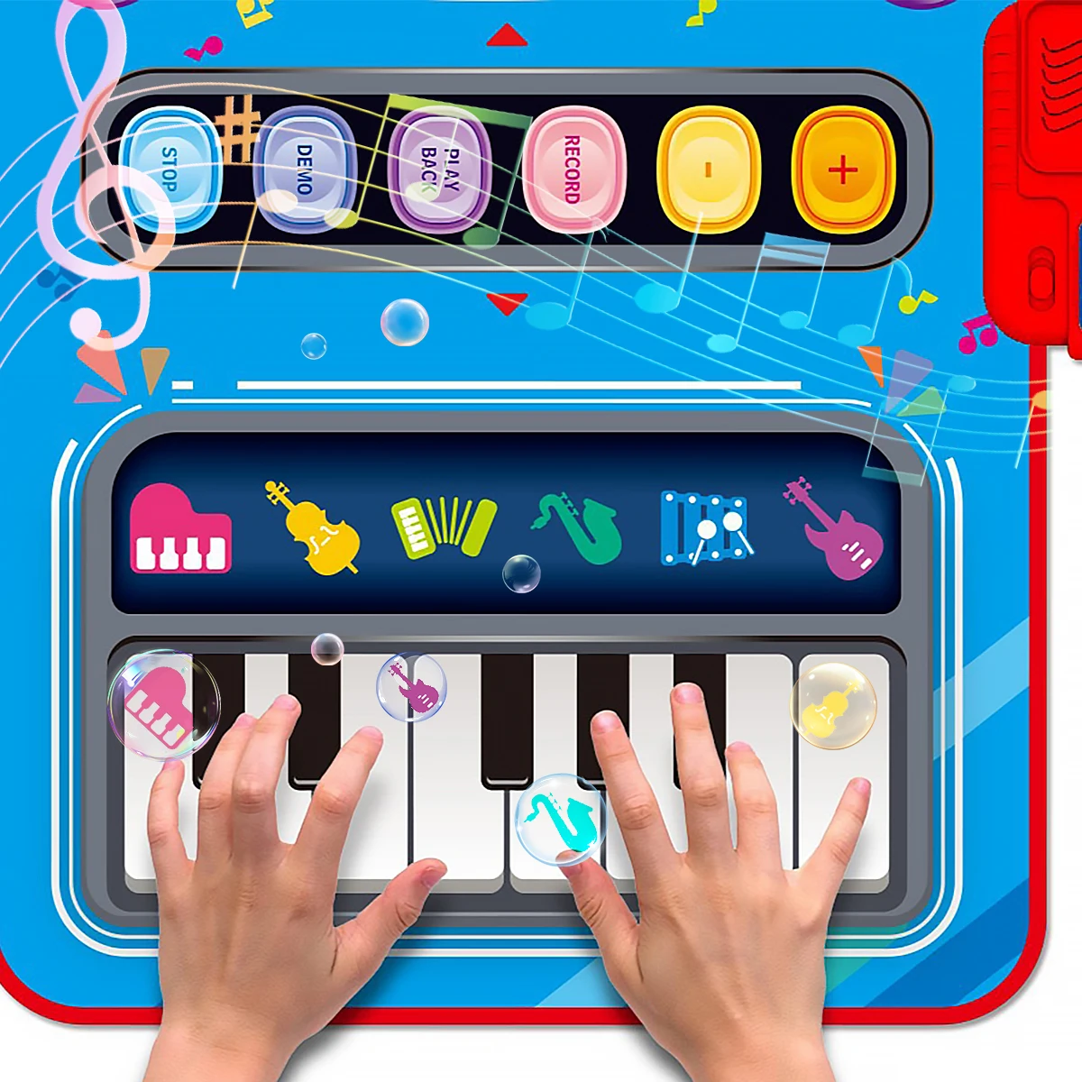 Fargerik musikalsk lekematte med store piano-taster og tromme-pads, perfekt for små barn å utforske lyder og rytmer.