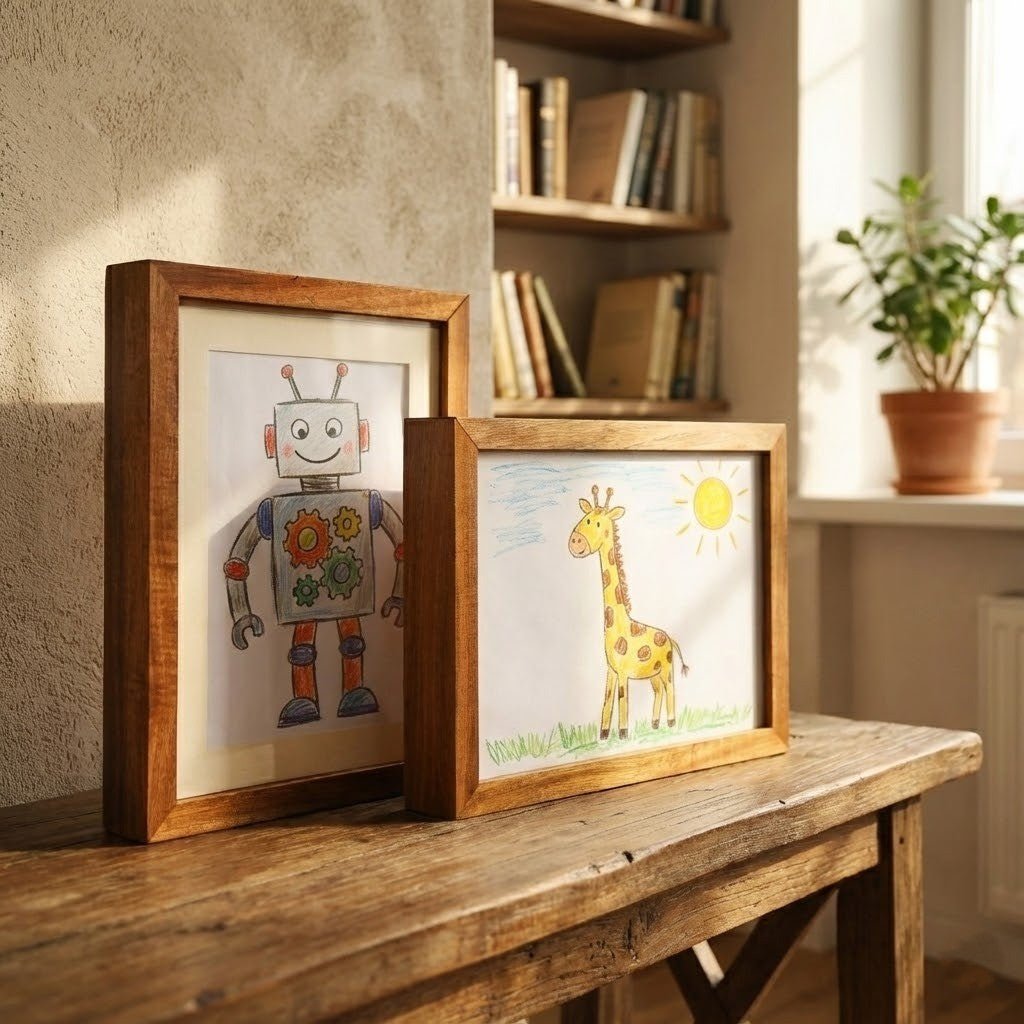 Bilderamme A3/A4 i tre, perfekt for ĂĄ vise barnas tegninger og kunst, med innebygd oppbevaring.
