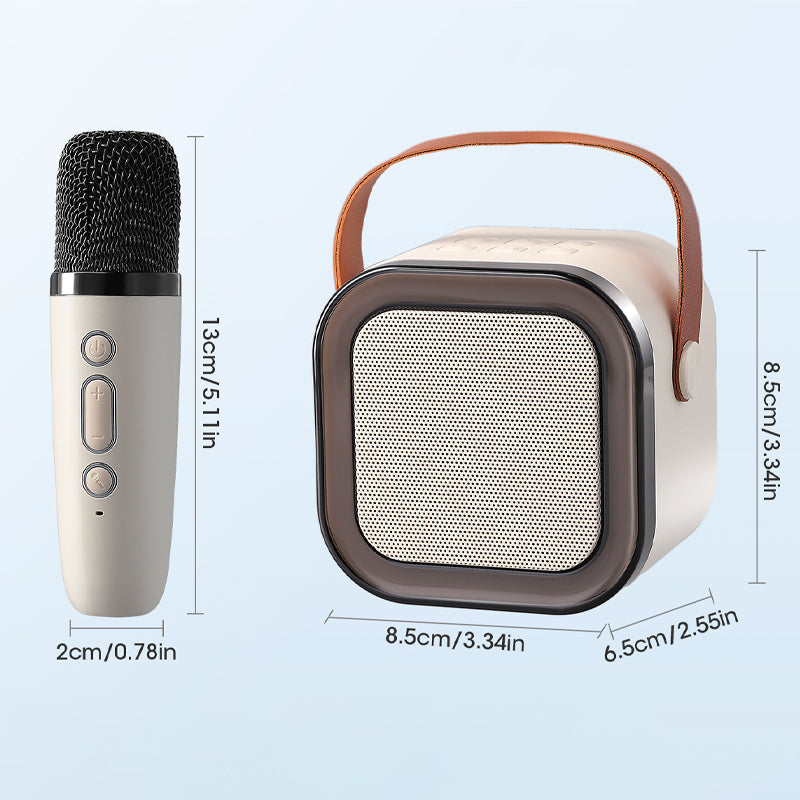 Liten og kraftig karaokemaskin for barn, med trådløse mikrofoner for sang.