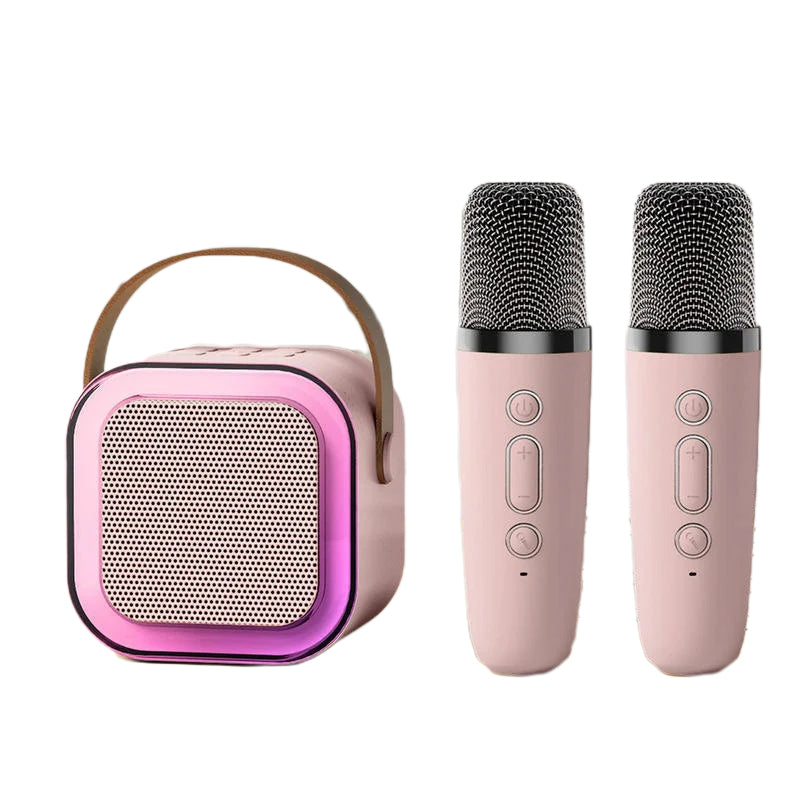 Bærbar mini karaokemaskin for barn, med oppladbare trådløse mikrofoner.