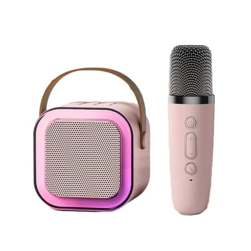 Kompakt mini karaokemaskin for barn, med innebygd høyttaler og trådløse mik.