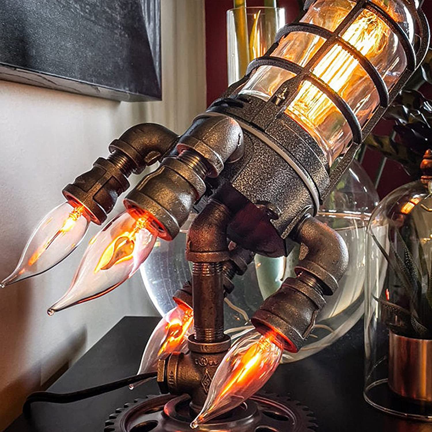 Detaljert bilde av Steampunk Rakettlampe, perfekt som nattlys og retro dekorasjon til barnerom.
