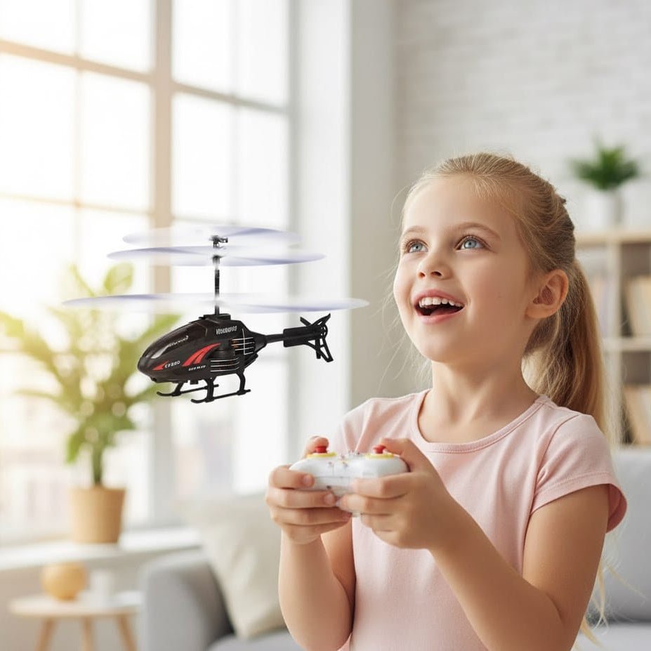 Fjernstyrt minihelikopter for innendørs bruk, garanterer sikker og morsom flyopplevelse for barn.