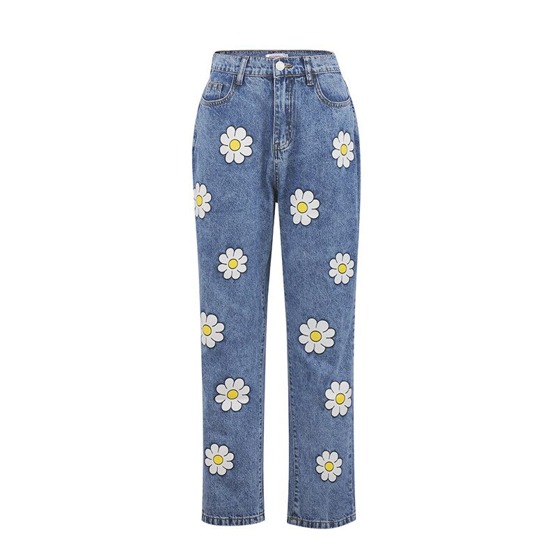 Vintage-inspirerte damejeans i denim med broderte tusenfryd, høy midje og trendy rett passform.