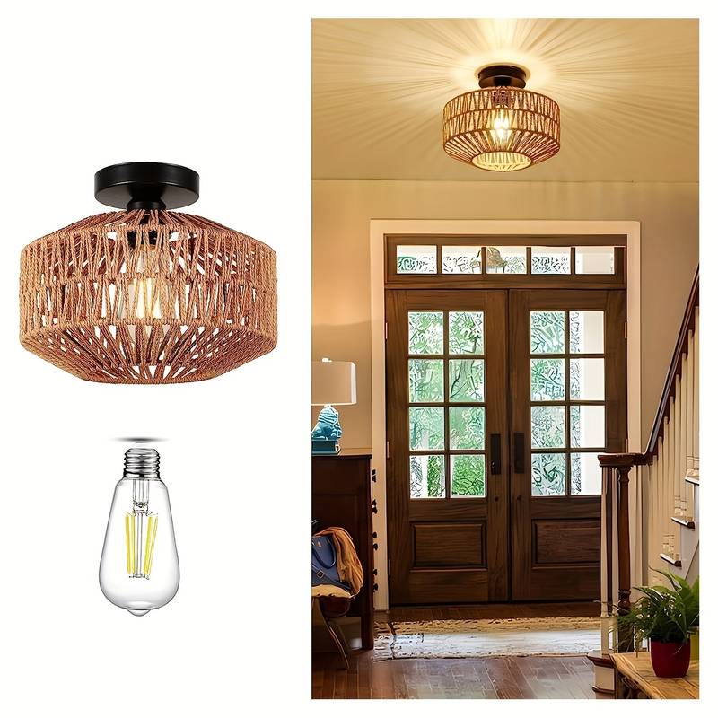 Elegant bohemsk rottinglampe i brun. Naturmaterialer gir et varmt lys, perfekt som interiør belysning.