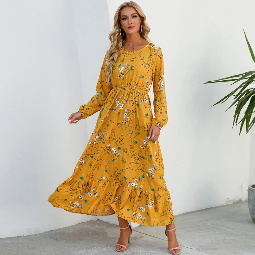 Damen-Maxikleid aus Chiffon mit langen Ärmeln, leichter Stoff, perfekt für den Boho-Look