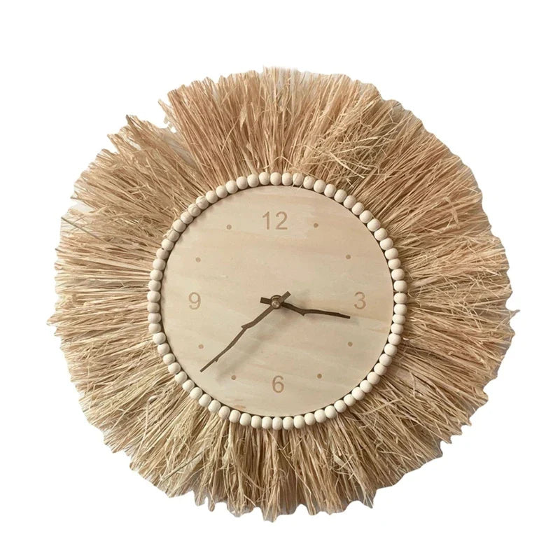 Boho-stil veggklokke, håndlaget rustikk design, brun, ideell for hjemmedekor og interiør.