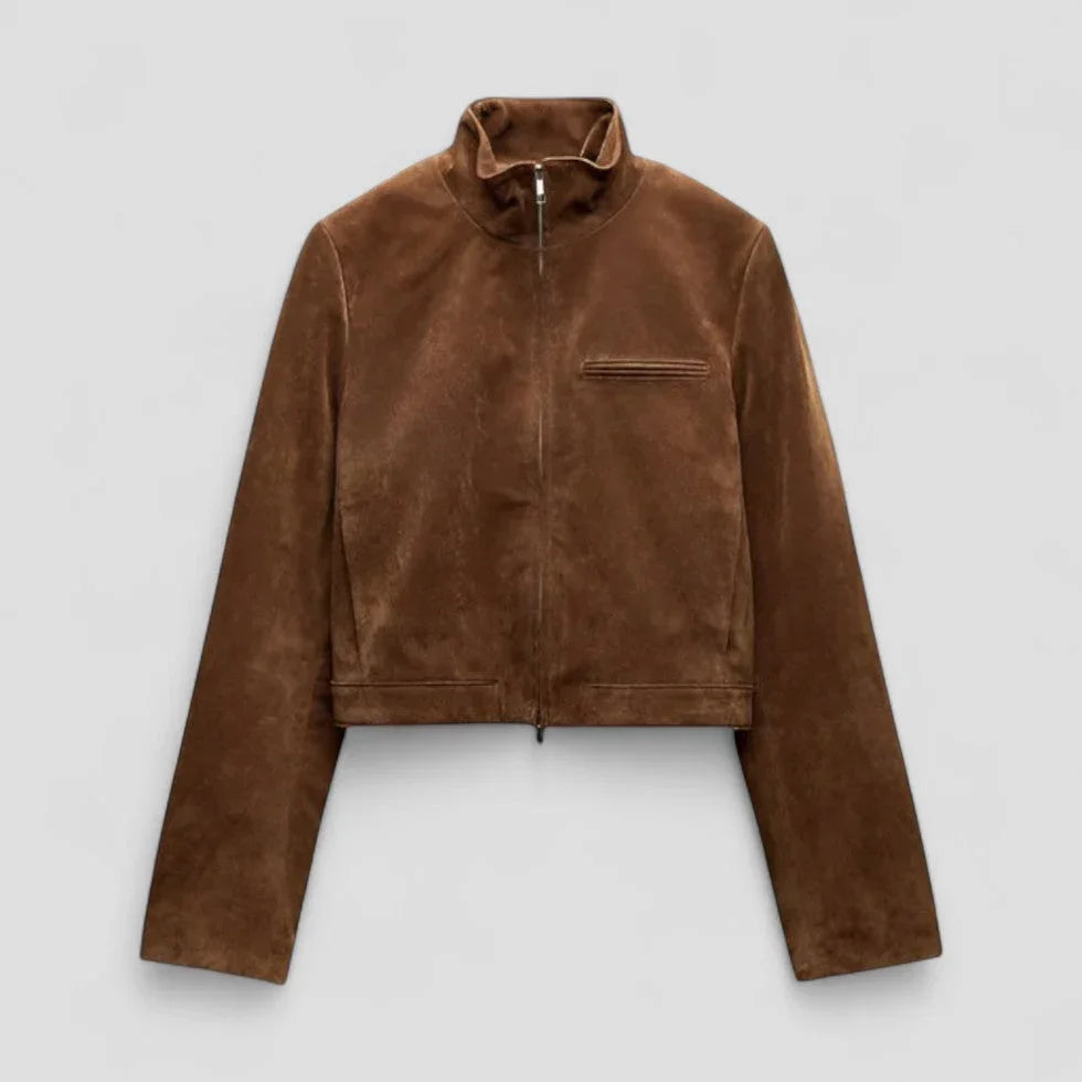 Elegant glidelåsjakke for damer, kort kutt. Trendy vårjakke med stilige detaljer.