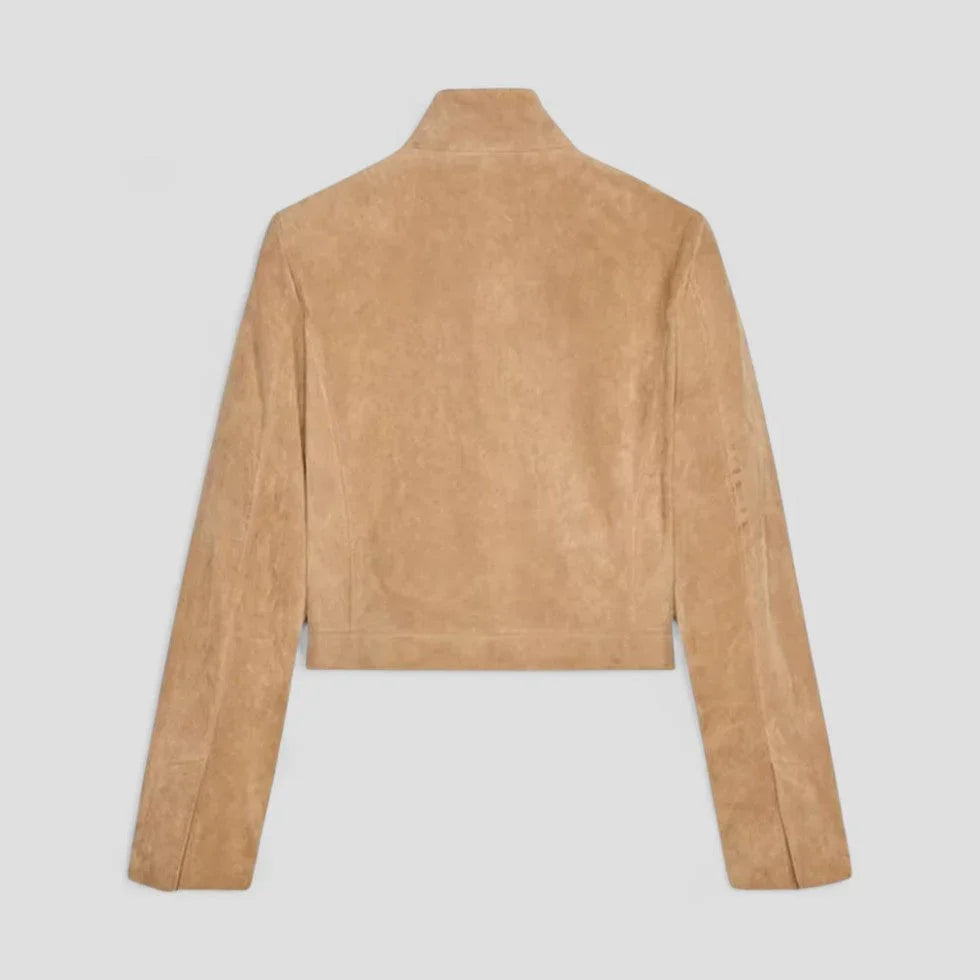 Stilfull beskåret damejakke med glidelåsdetaljer. Allsidig brun/khaki vårjakke.