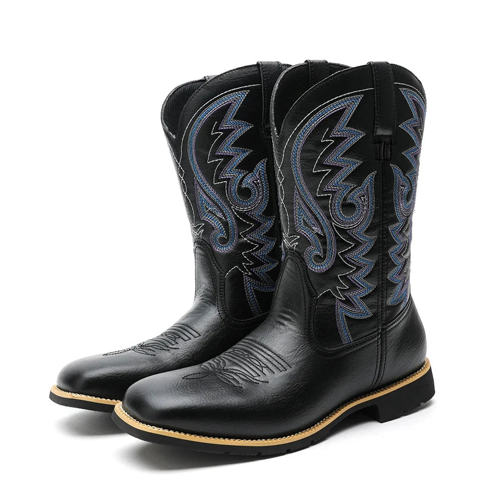 Detaljbilde av herre cowboy boots med høy topp, viser elegant retro design.