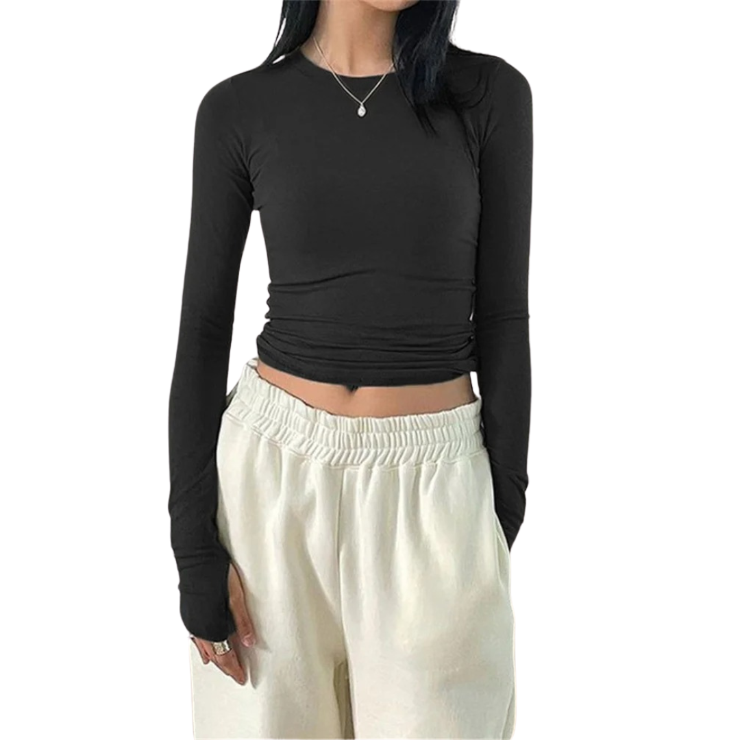 Svart smaltsittende langermet topp for kvinner. Trendy rund hals topp for lag på lag stil.