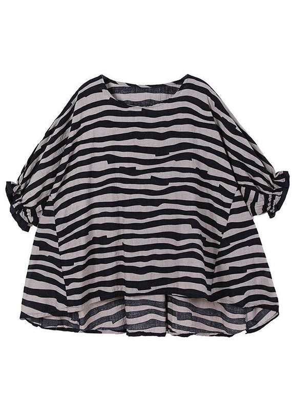Elegant brun/svart O-hals topp med rysjer og halv erm. Stripet damebluse i løs passform for casual wear.