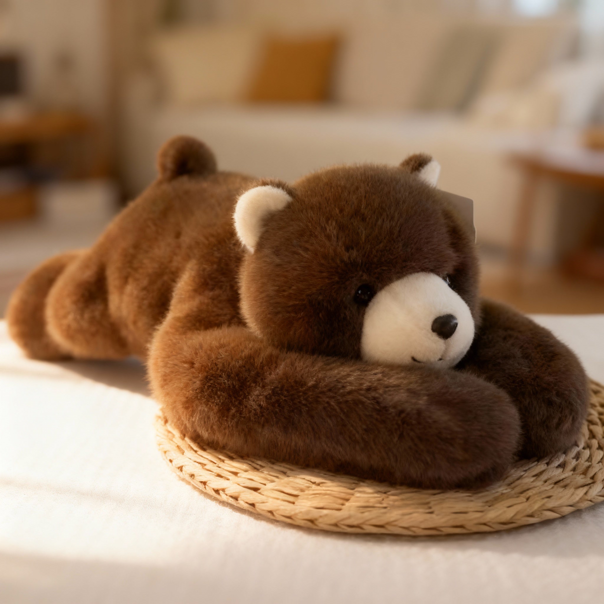 CalmCuddle Plüschtier in einer entspannten Umgebung, perfekt für Stressabbau zu Hause.