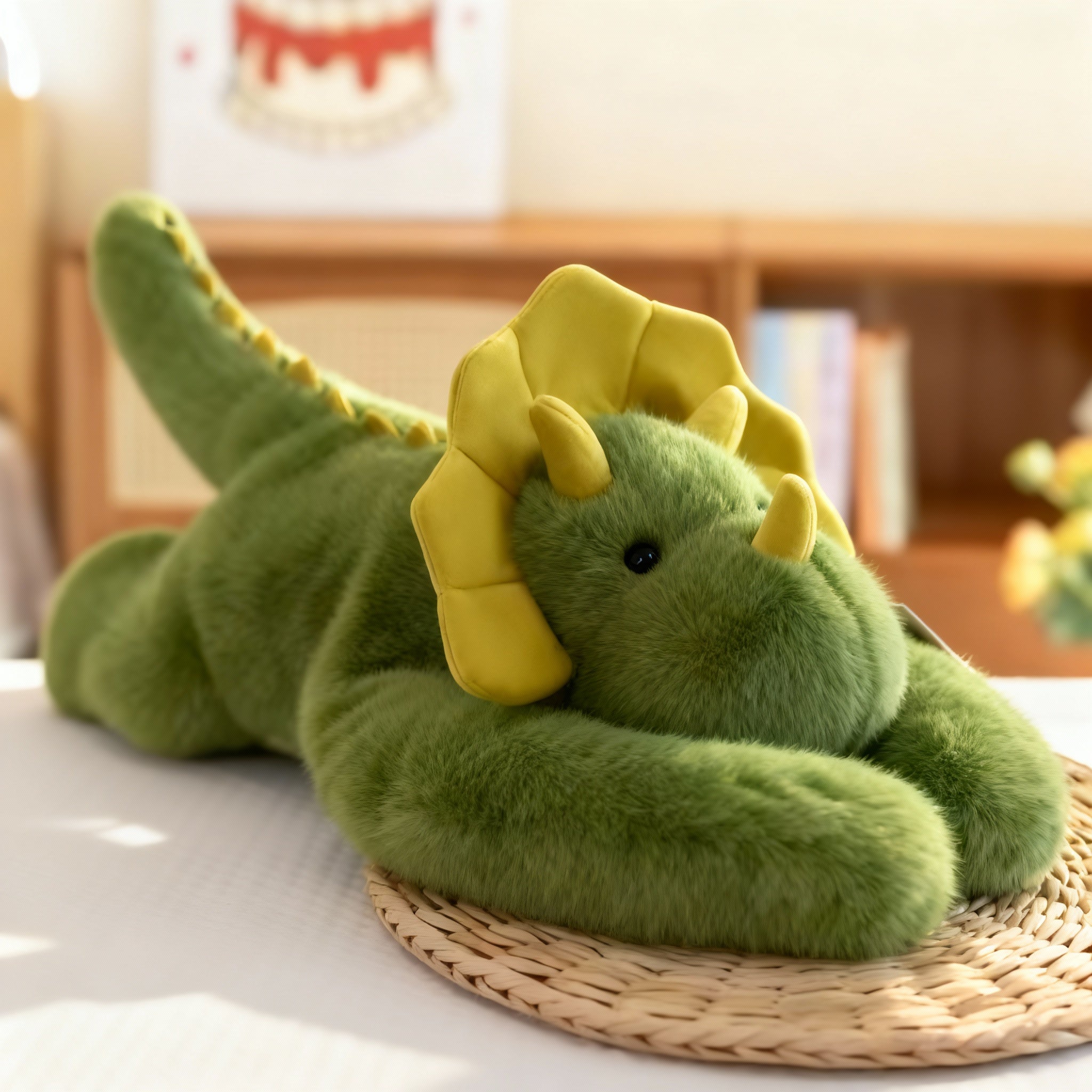 Detail des gestickten Gesichts des CalmCuddle Plüschtiers, sicher für alle Altersgruppen.