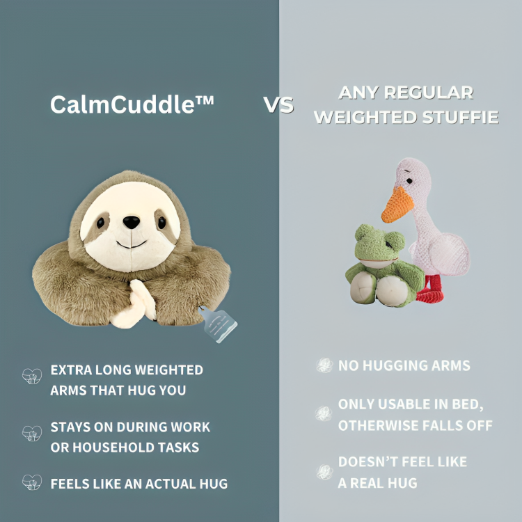 Verschiedene CalmCuddle Plüschtiere in einer Reihe, Auswahl für individuellen Komfort.