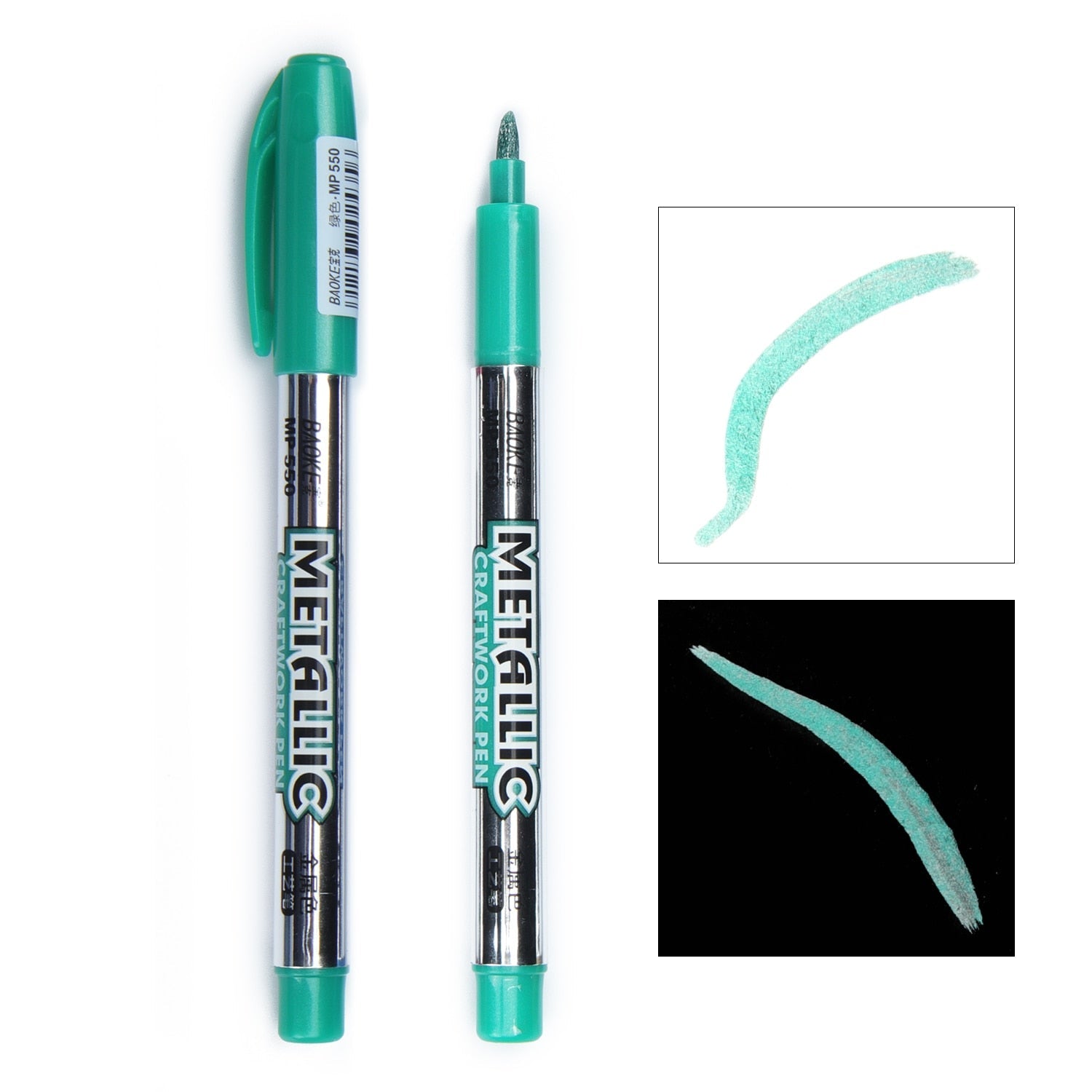 Kreativt oppsett med metalliske markørpenner og et tegnet kunstverk med skinnende detaljer.