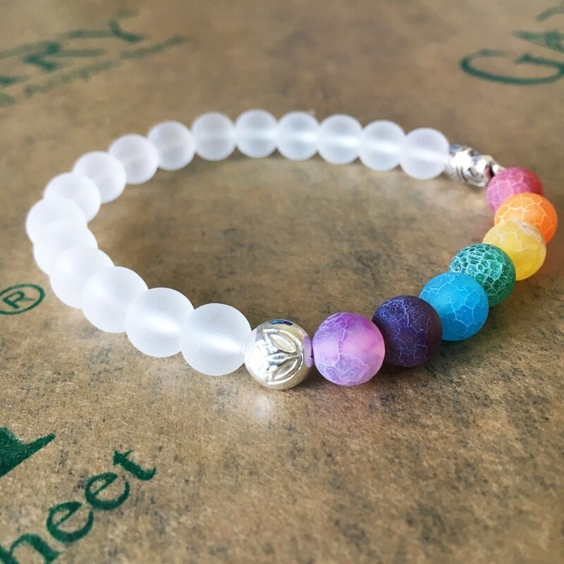 Nærbilde av 7 chakra armbånd med detaljert elefant og healing krystaller for å styrke kroppens energi.