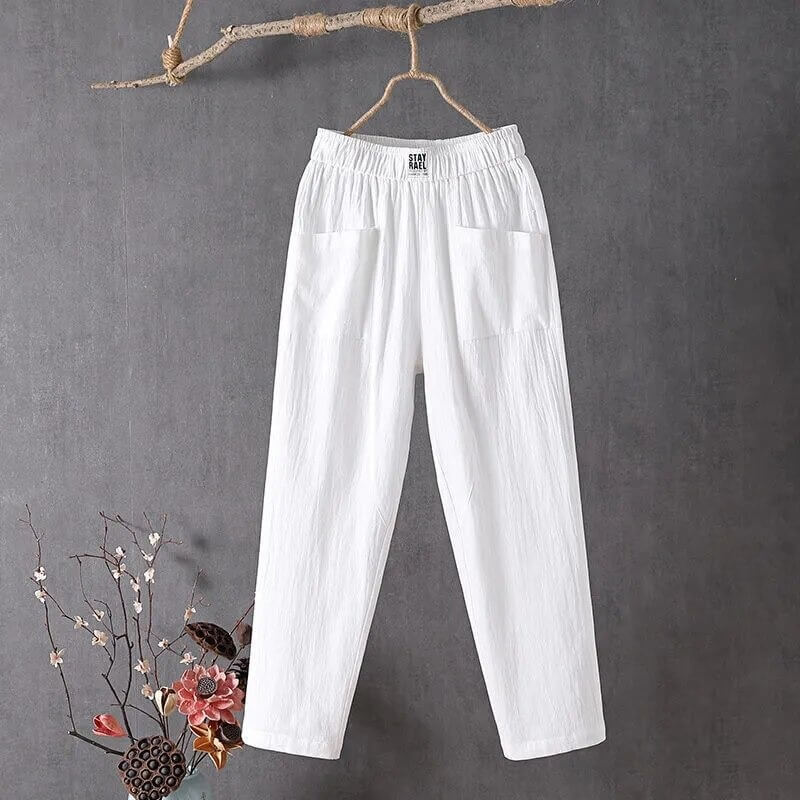 Løse dame baggy-bukser med høy midje for en avslappet, trendy look. Komfortable bomullsbukser i ankellengde.
