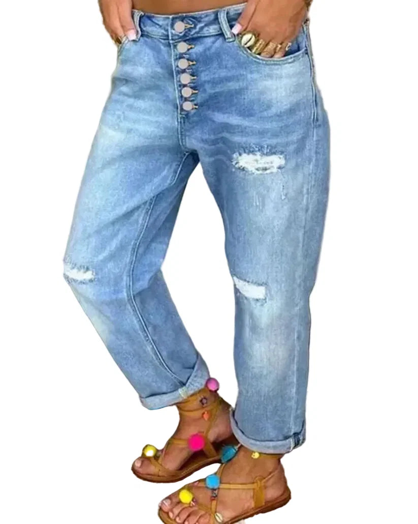 Dame baggy jeans med løs passform, perfekt for komfortabel hverdagsstil. Trendy vårjeans i denim.