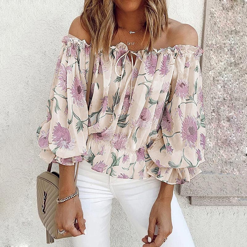 Dame blomstret volangbluse med elegant mønster, perfekt for vår og sommer, løs passform.