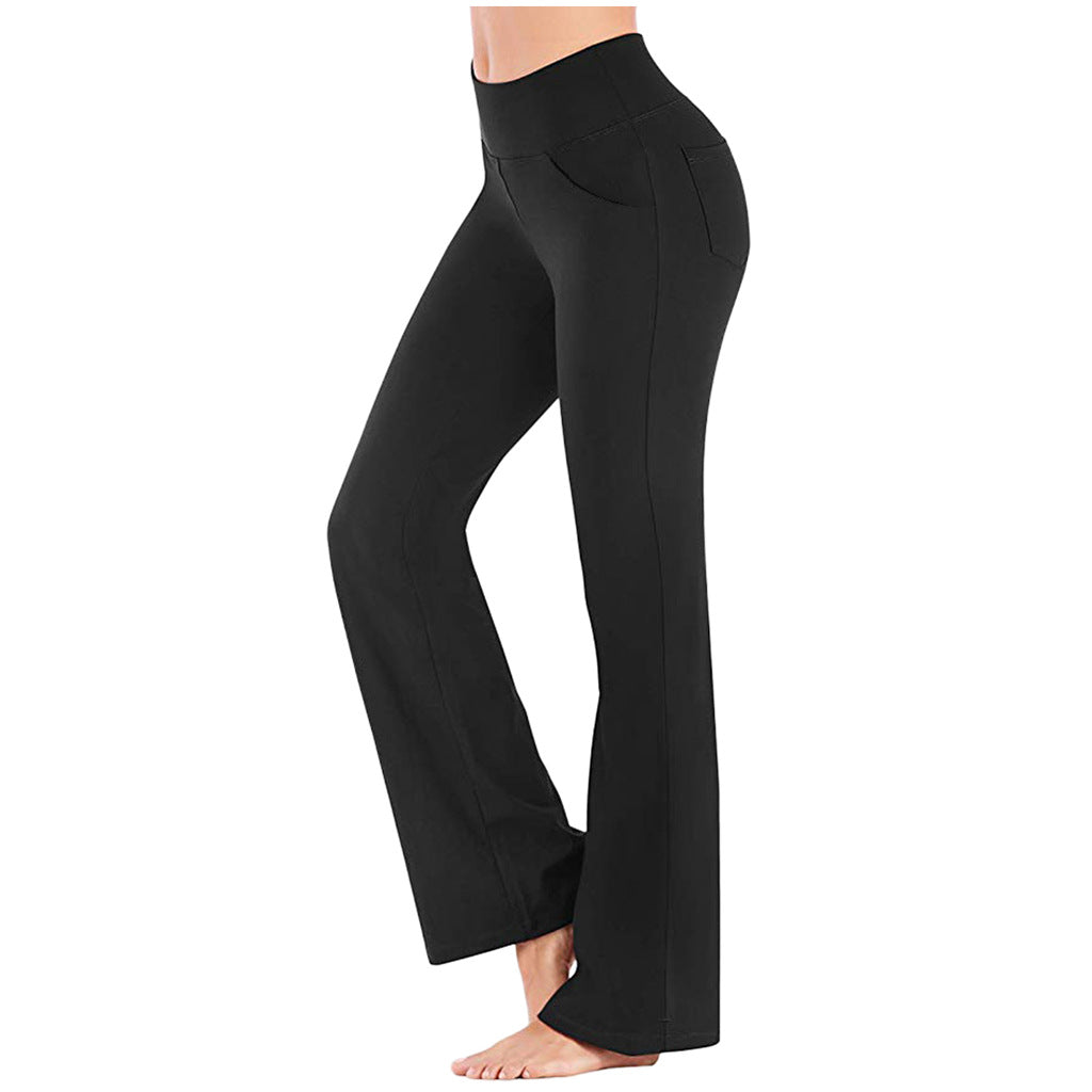 Dame bootcut yogabukser med høy midje i svart, perfekt for yoga og hverdagsbruk. Komfortabel passform.