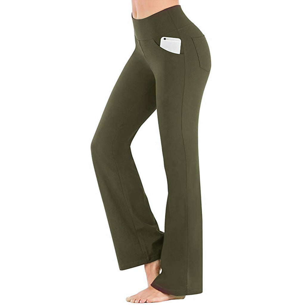 Nær Dame Bootcut Yogabukser, viser mykt, elastisk stoff og behagelig høy midje. Perfekt for komfort.