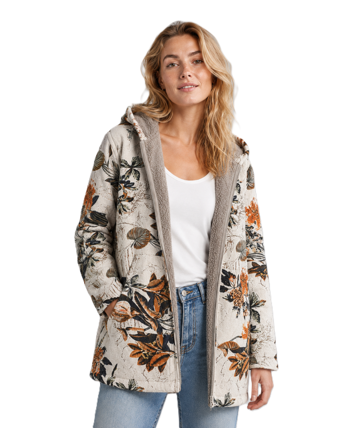 Dame fleecejakke med hette og elegant blomsterdesign for komfortabel vår- og høstbruk.