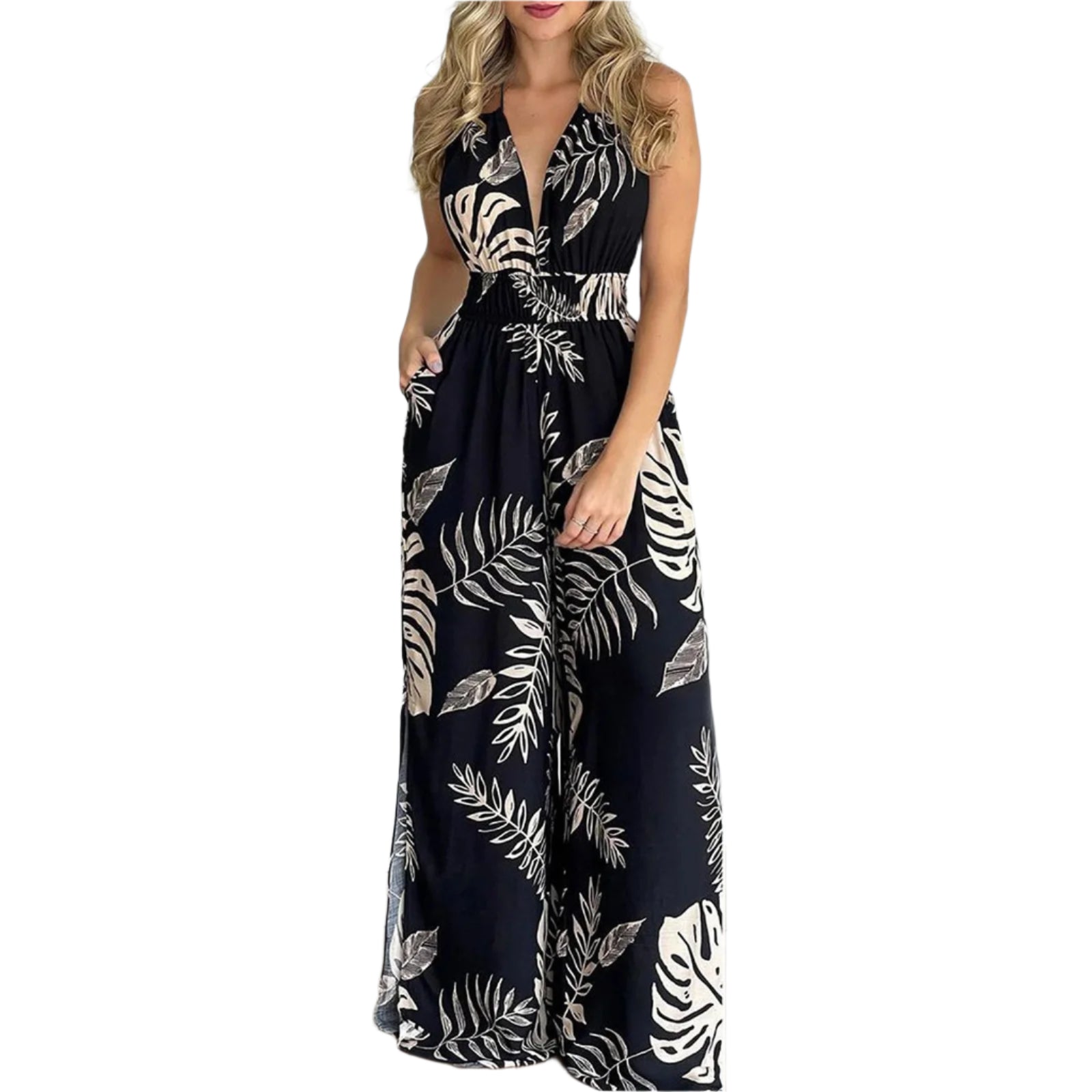 Dame jumpsuit med digitaltrykk, V-hals og ermeløs design. Perfekt for sommer og festantrekk.