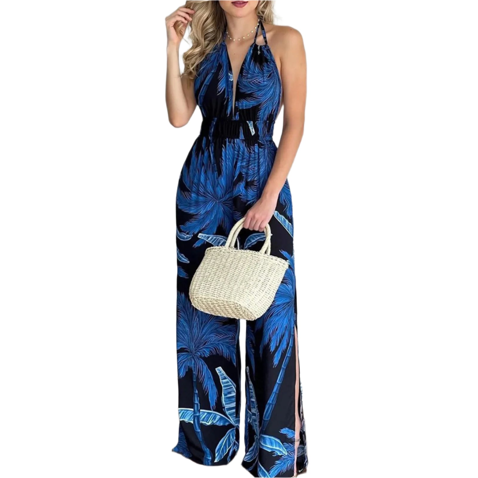 Trendy dame jumpsuit med levende digitaltrykk, V-hals og ermeløse detaljer. Perfekt for kvinnemote.