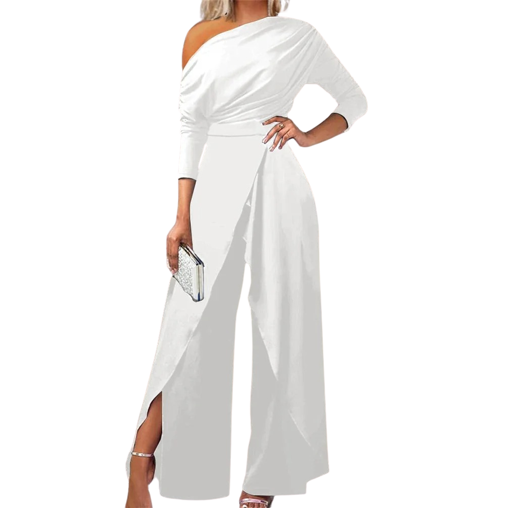 Elegant dame jumpsuit med vide ben, moderne splitt og kald skulder design. Perfekt for våren.