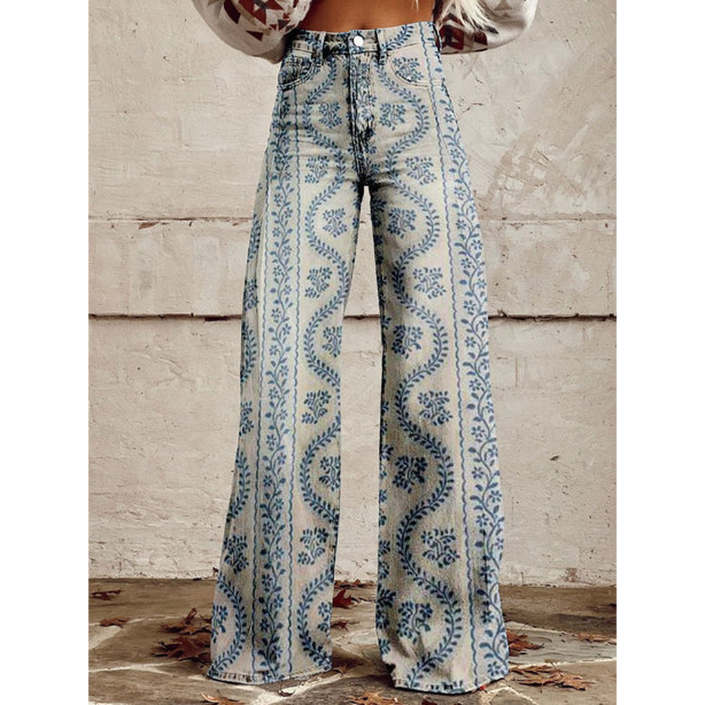 Mønstrede damebukser med elegant design, komfortable stretchbukser ideelle for sommer og hverdagsmote.