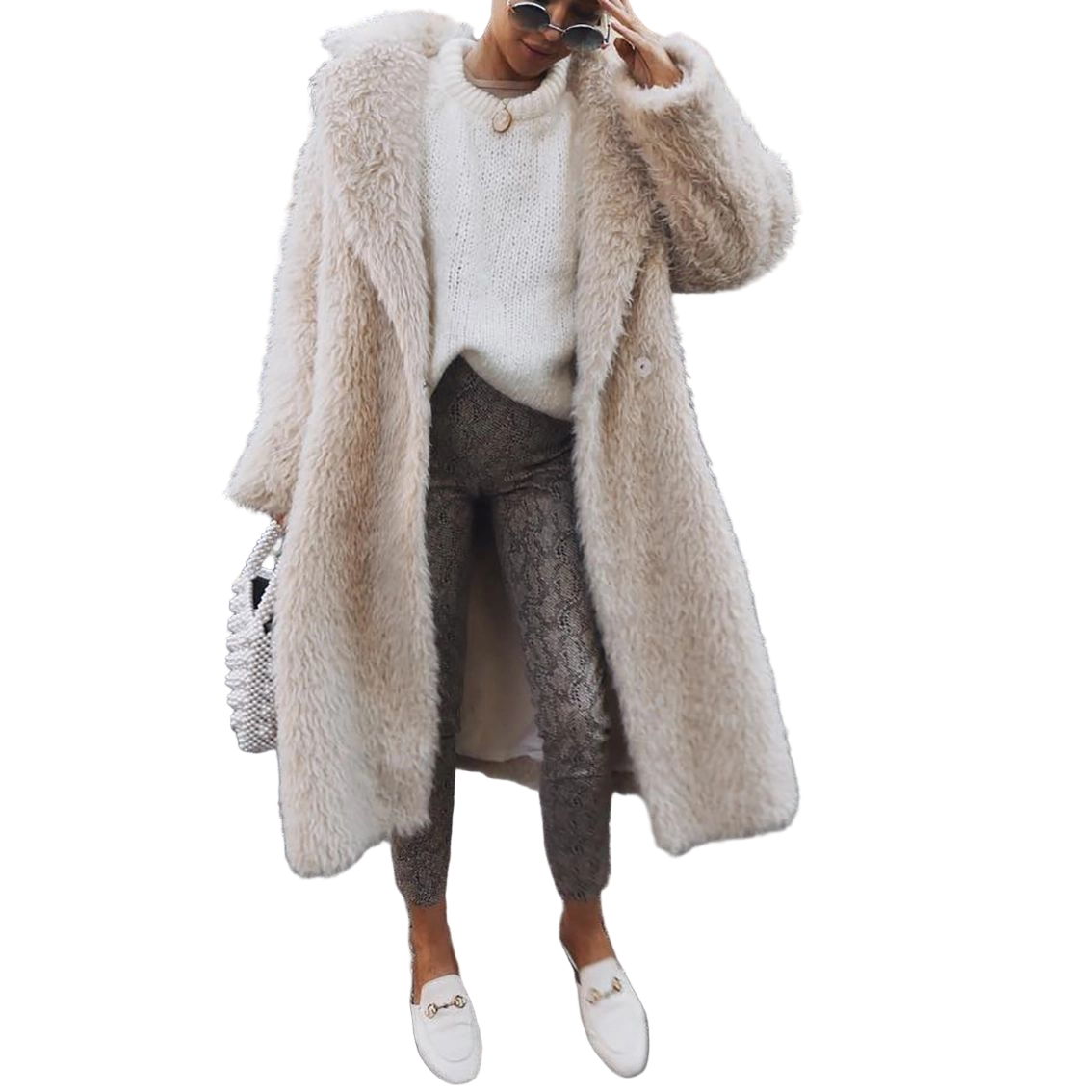 Dame mellomlang fuskepelsjakke med oversized passform, elegant og koselig vinterjakke med åpen front.