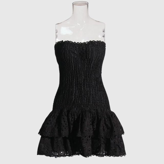 Elegant fritidskjole for dame i blått paisley og rynket bandeau. Komfortabel bomullsmiks.