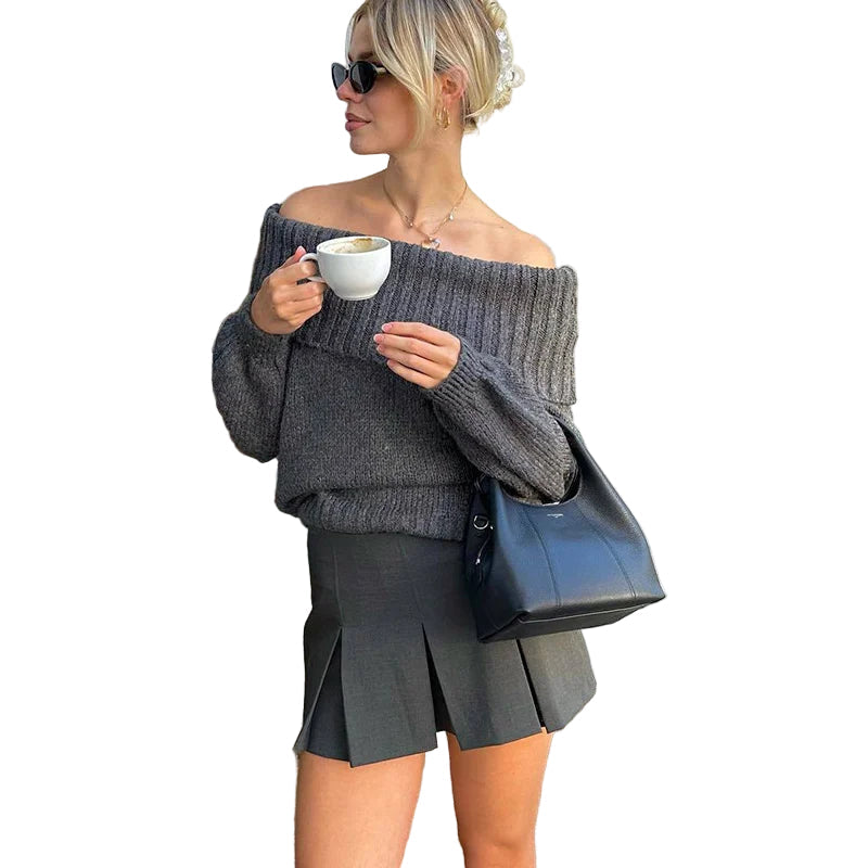 Dame off-shoulder genser, elegant og komfortabel strikketopp for hverdag og fest. Trendy damemote.