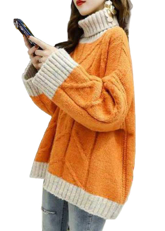 Dame plus size skilpaddehals patchwork topp. Komfortabel langermet vintertopp i oransje, grønn og beige.