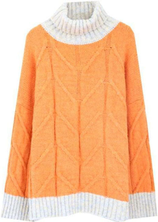 Oransje, grønn og beige dame plus size skilpaddehals topp. Trendy langermet patchwork vintertopp, varm og elegant.