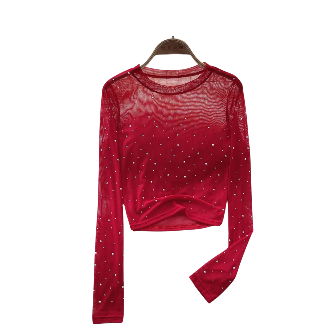 Dame rhinestone langermet crop top. Festklar glittertopp med rund hals, perfekt for kveldsantrekk.