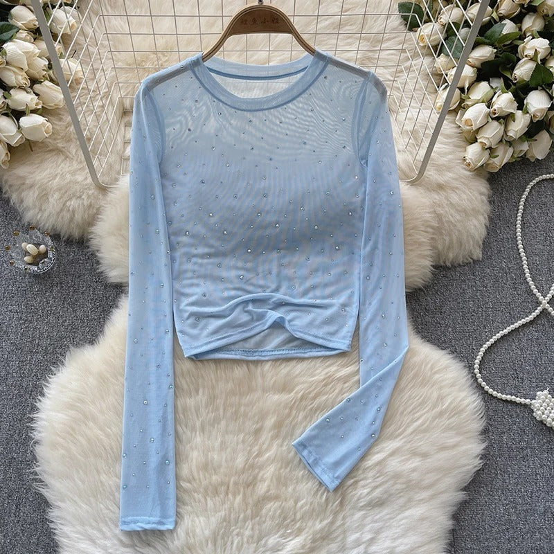 Trendy langermet crop top dame. Rhinestone glittertopp for fest, kveldsantrekk eller en glamorøs look.