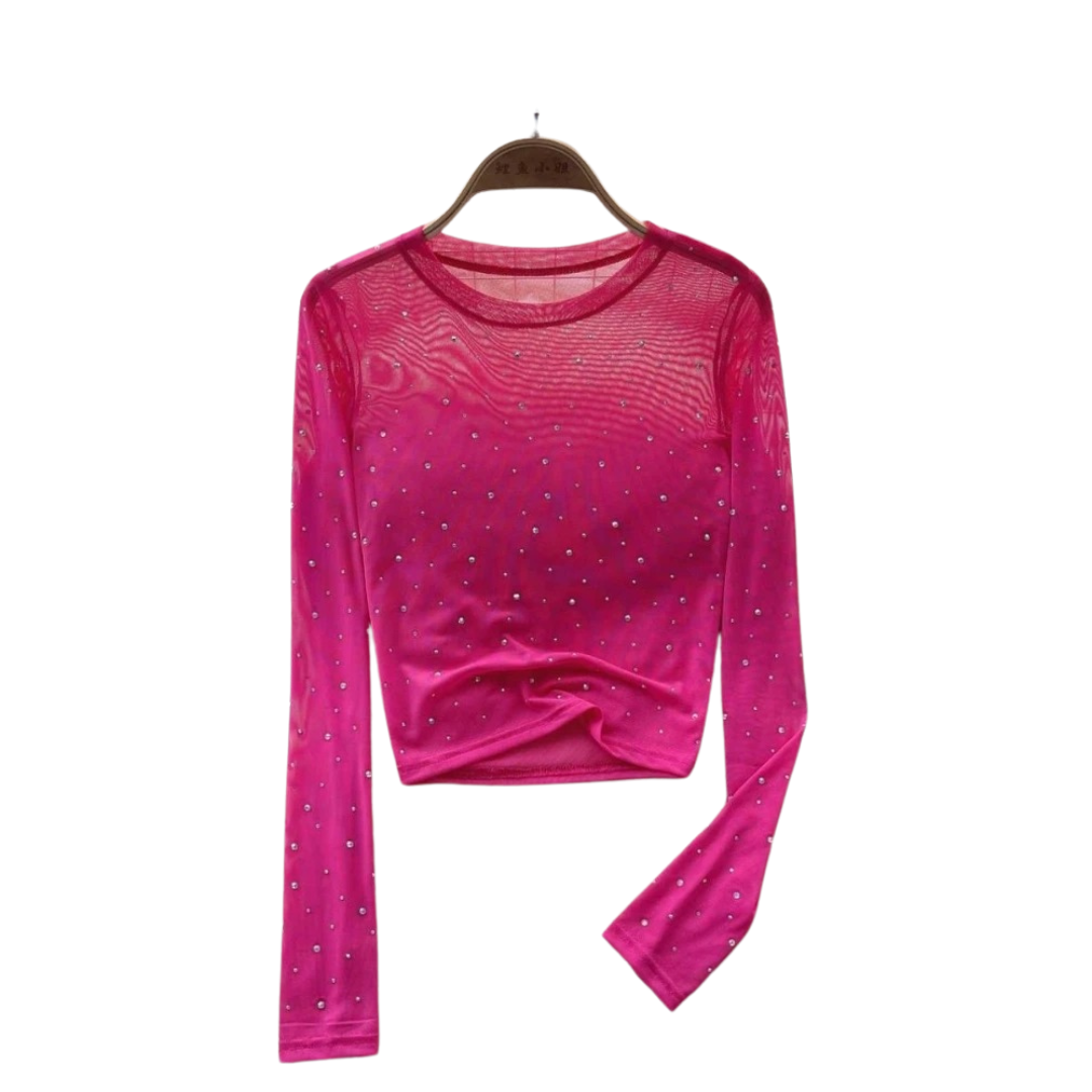 Rhinestone langermet crop top for damer. En festklar glittertopp med rundhals, trendy og slimfit.