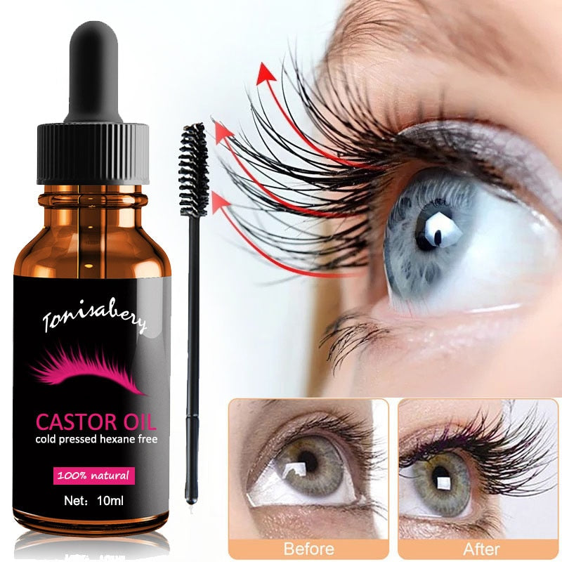 Modell påfører Dame Ricinusolje Vippeserum. Stimulerer øyenvippevekst for tykkere og lengre vipper.