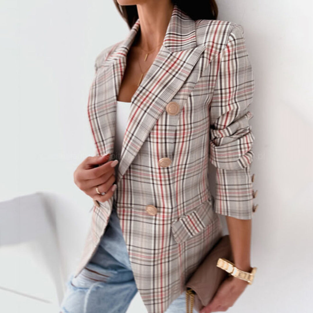 Elegant rutete dameblazer for kvinner, passer til formell og avslappet høst/vintermote.
