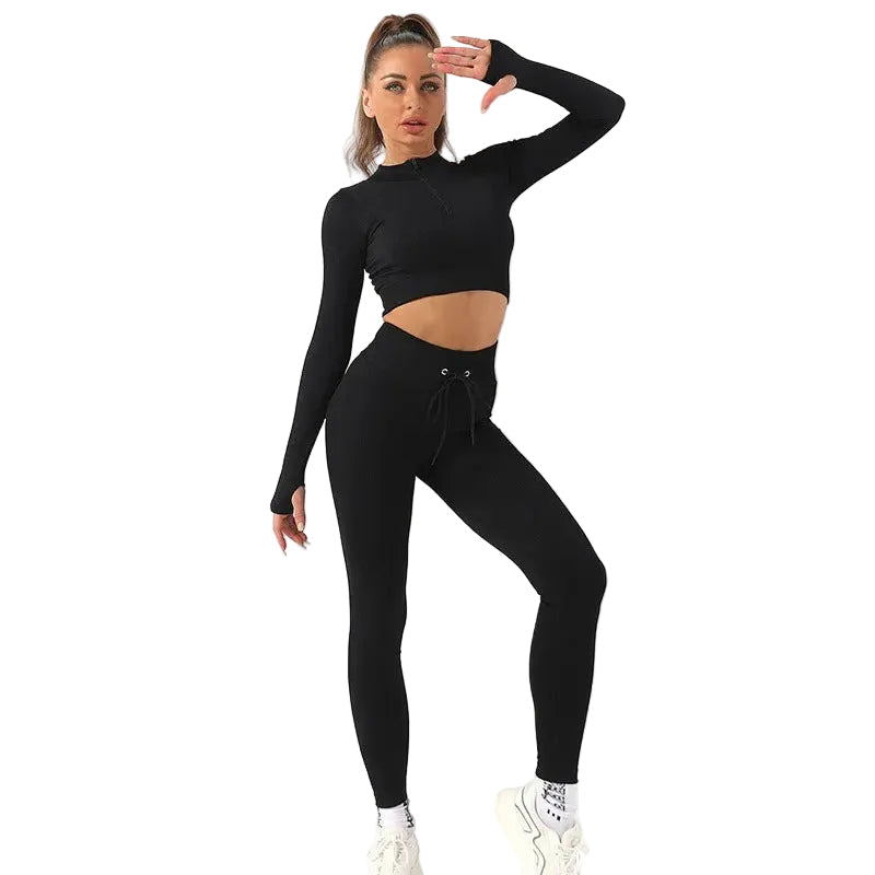 Dame sømløst yogasett med høymidje leggings og matchende croptop for komfortabel trening.