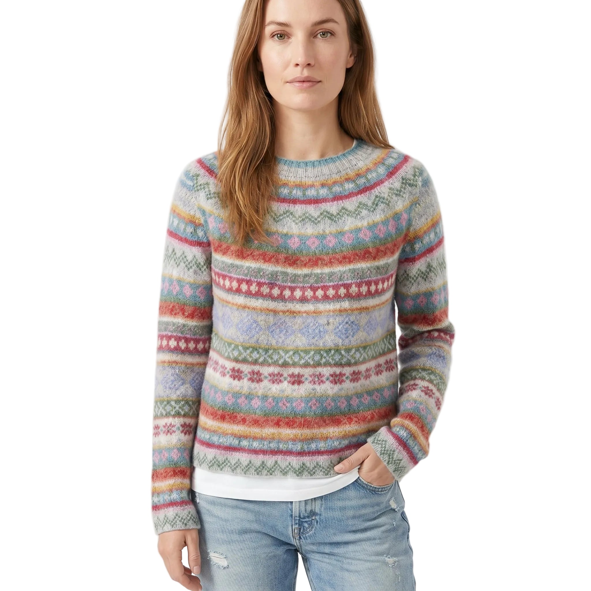 Dame vintage strikkegenser i retro stil, komfortabel og varm for høst- og vintermote. Perfekt kvinnegenser.