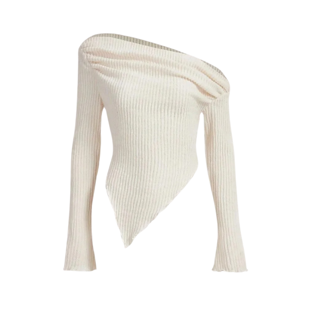 Unik asymmetrisk ribbet damegenser. Myk strikk og trendy design for kvinner, flott for enhver casual anledning.