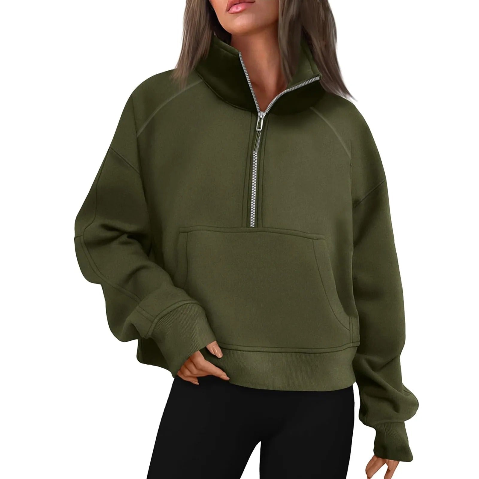 Dame pullover med ståkrage, halv glidelås, myk og behagelig for hverdagsbruk.