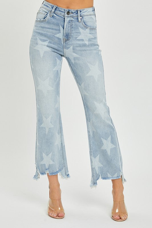 Komfortable damejeans med rett passform, trendy stjernetrykk og flatterende høy midje.