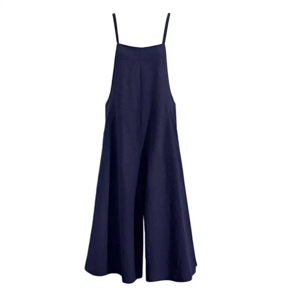 Komfortabel damejumpsuit for sommeren. Løs passform med vide ben og ermeløs design.