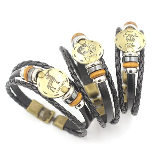 Dame armbånd i skinn, hvitt, med enkelt stjernetegn anheng, minimalistisk, passer for alle